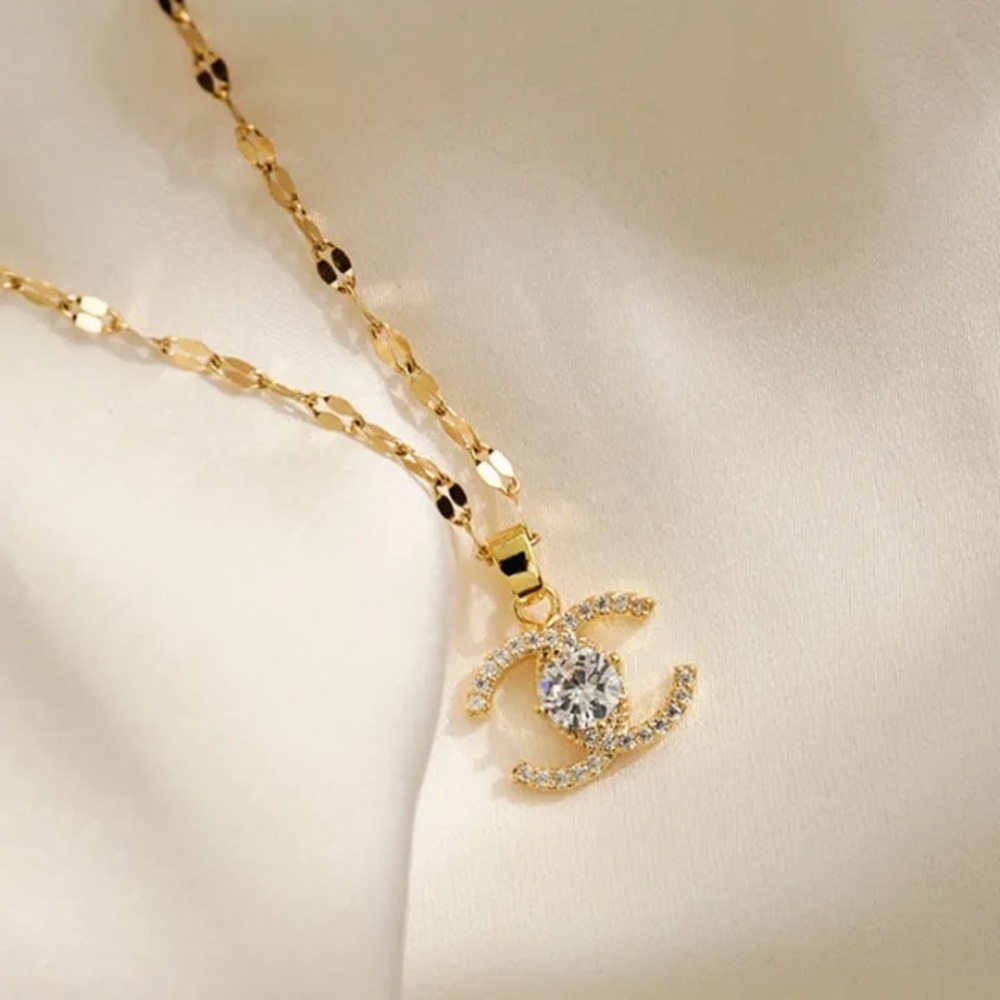 18K Gold Letter C Monogram Center Diamond Pendant Necklace Geometrical Design - Picture 5 of 9